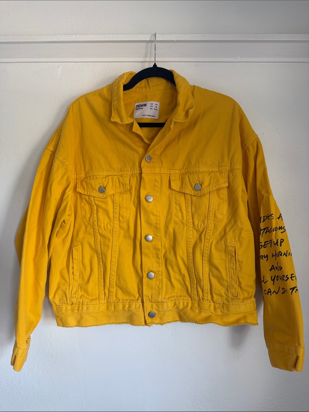 Bershka Yellow Button-Front Denim Shirt Jacket with Script Sleeve